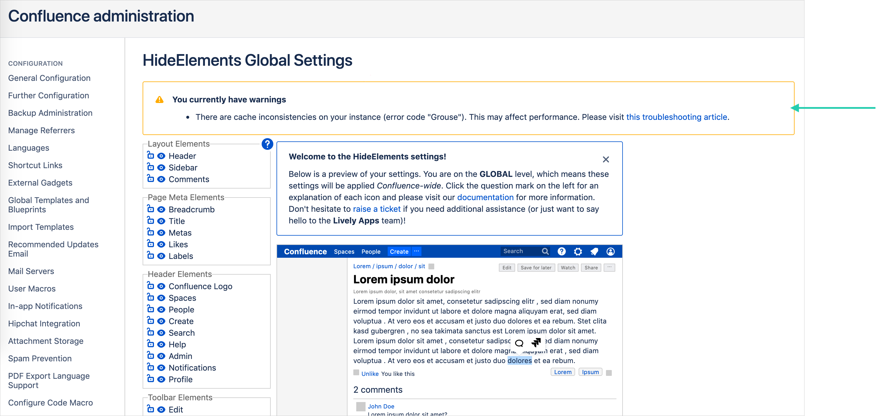 Warning displayed in settings