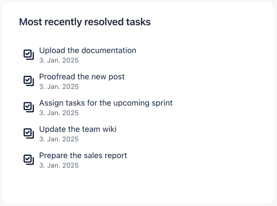 List of the most recently completed tasks in the selected Confluence spaces.