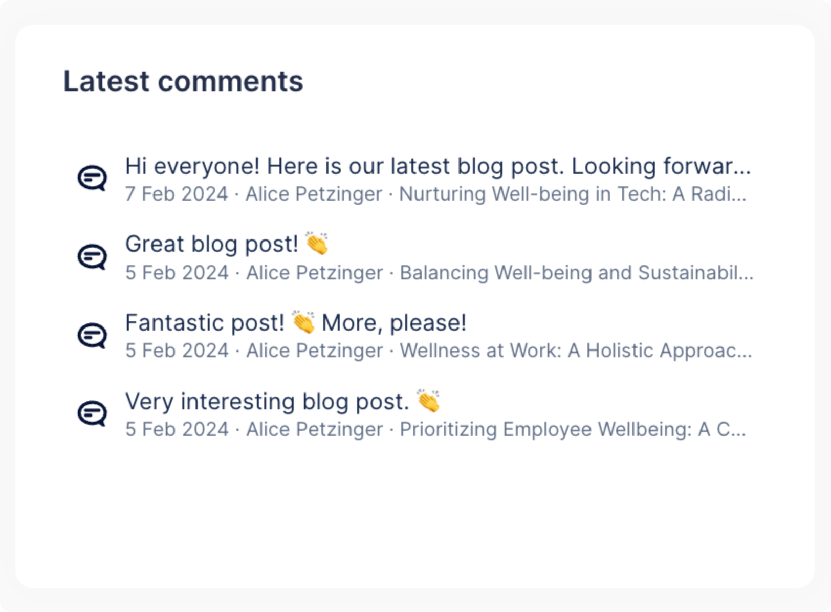 List showing the latest comments, including comment text, author, creation date, and page location.
