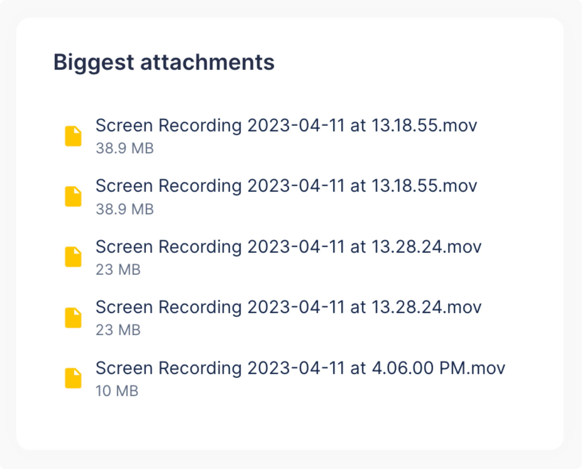 List showing the largest attachments in the current space based on file size.