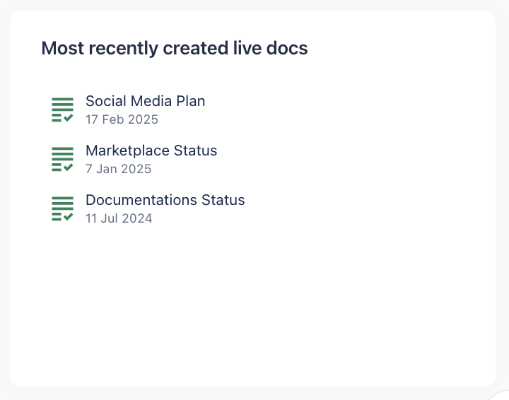 List of the most recently created live docs in the selected Confluence spaces.
