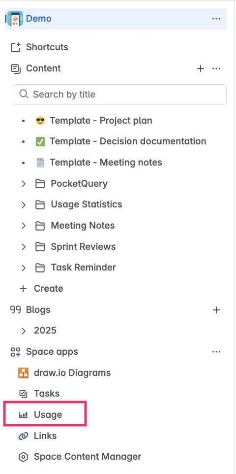 Confluence sidebar showing the 'Usage' item under Space apps.