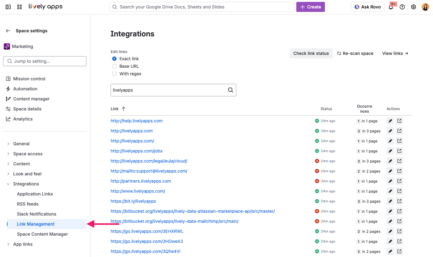 Link Management admin view