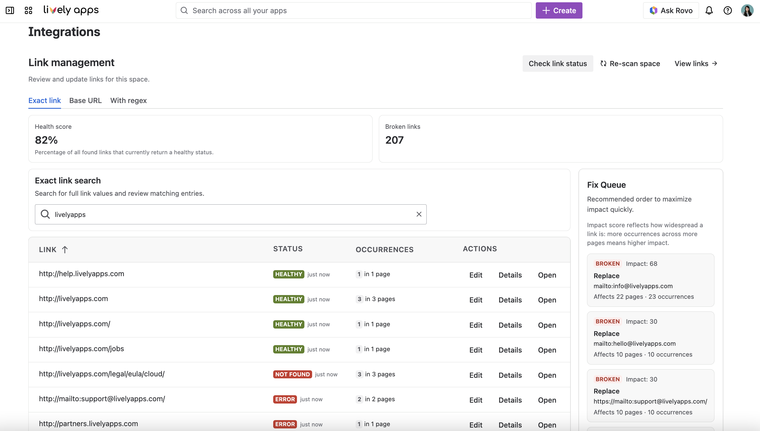 Link Management Admin page