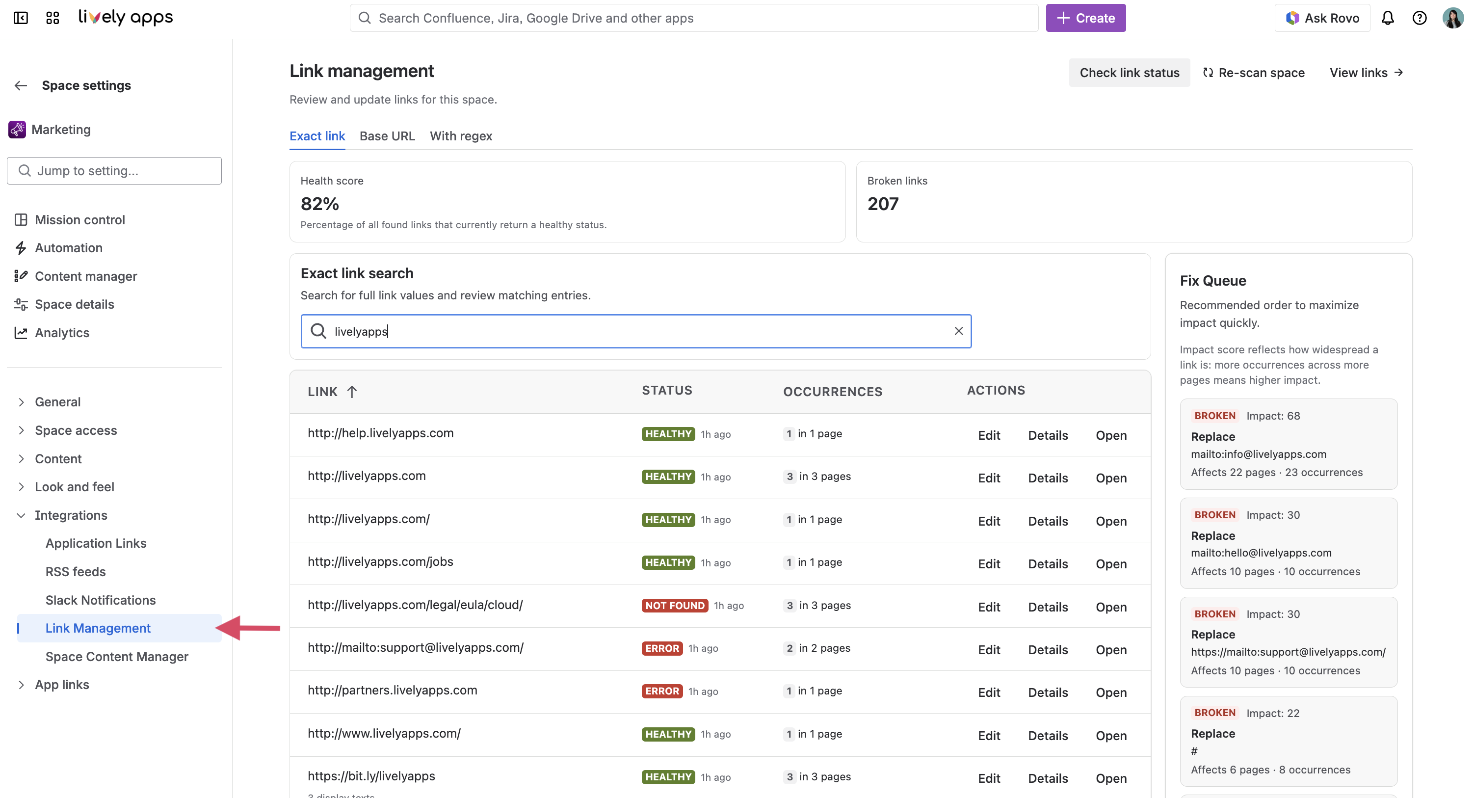 Space setting screen