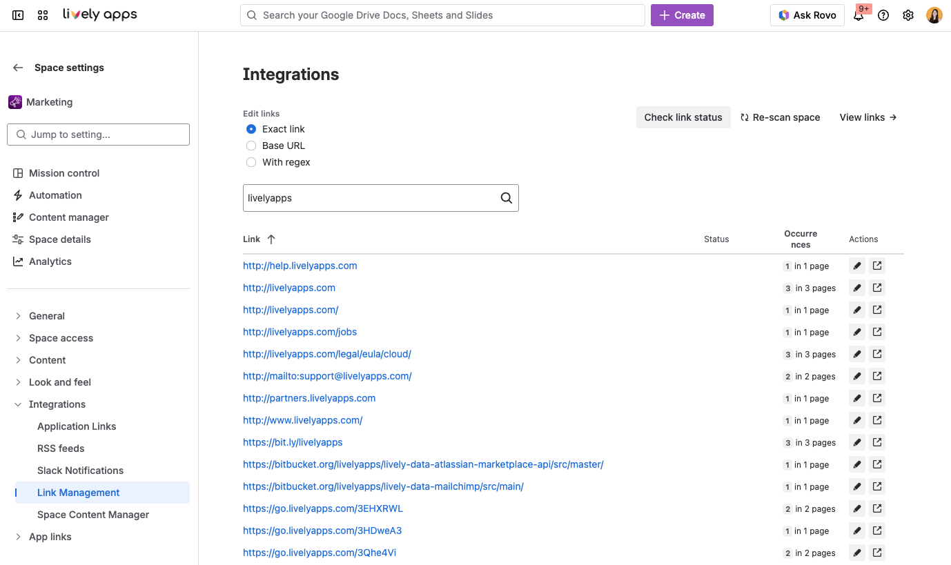 Link Management Admin page