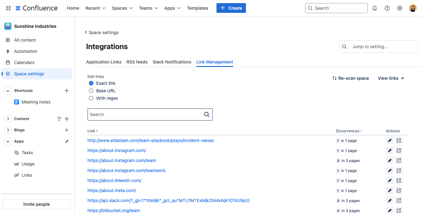 Link Management Admin View