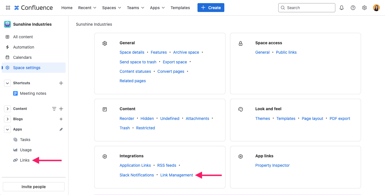 Link Management in the Space Settings