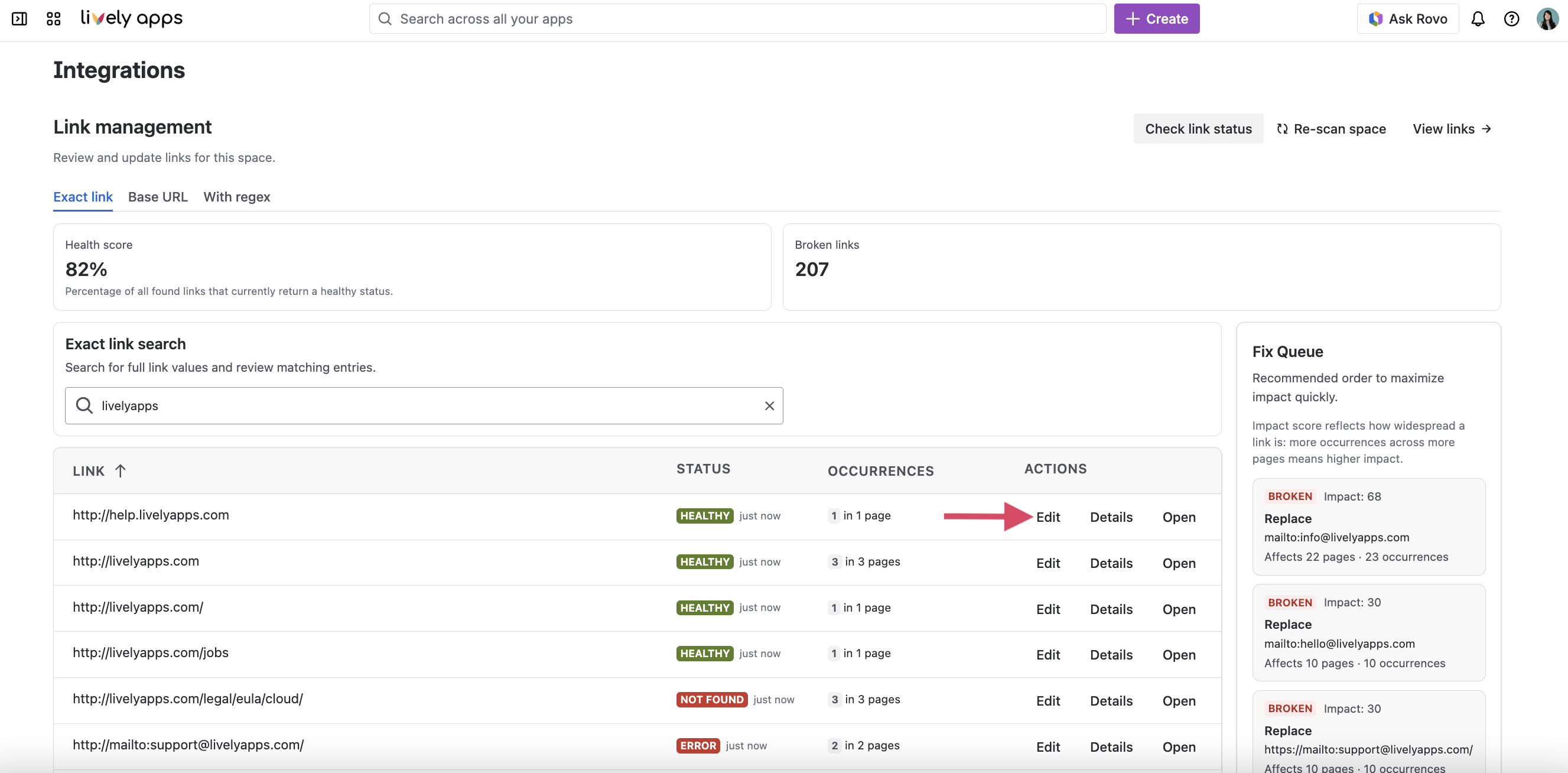 Link Management settings with edit button