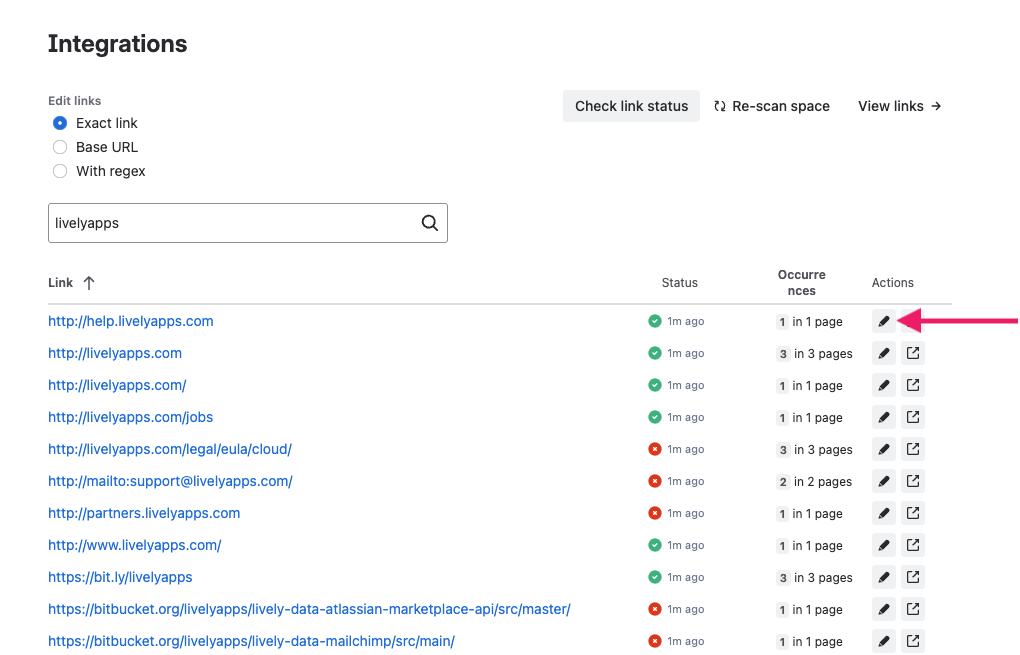 Link Management settings with edit button