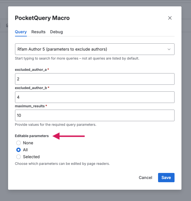 Screen of PocketQuery macro settings