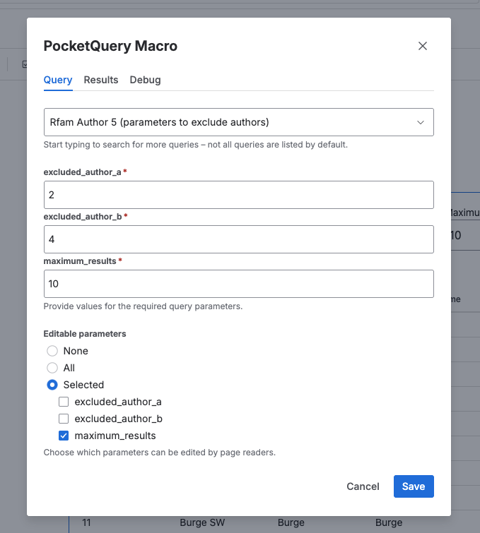 Screen of PocketQuery macro settings