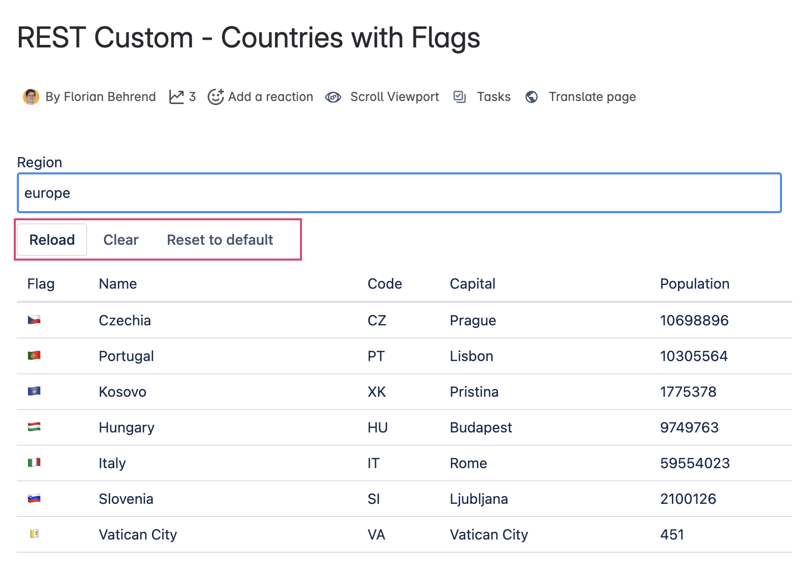 PocketQuery macro with parameter input showing three buttons used to control query filters on a Confluence page including Clear Reset to Default and Reload