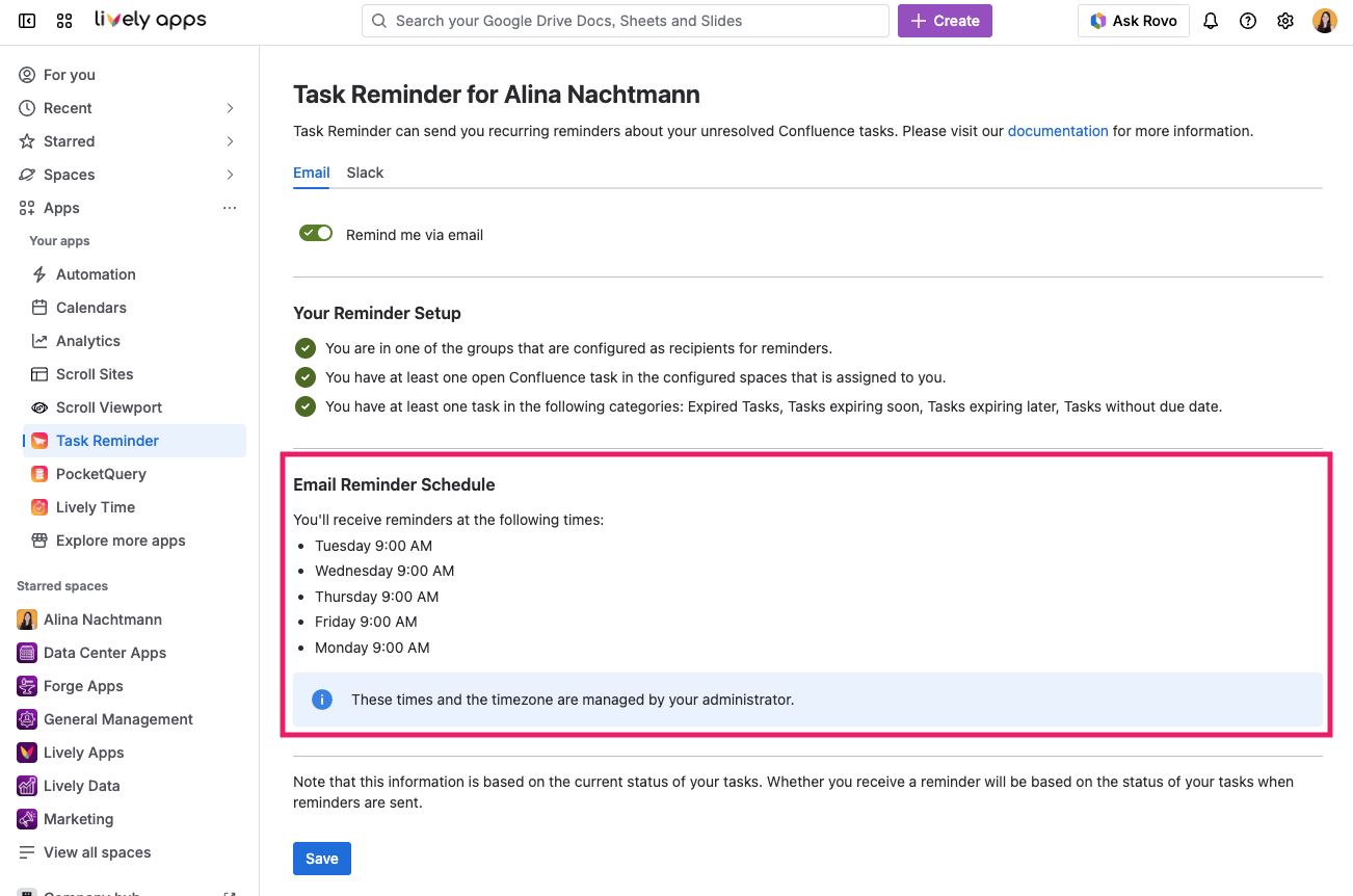 Screen of personal Task Reminder settings