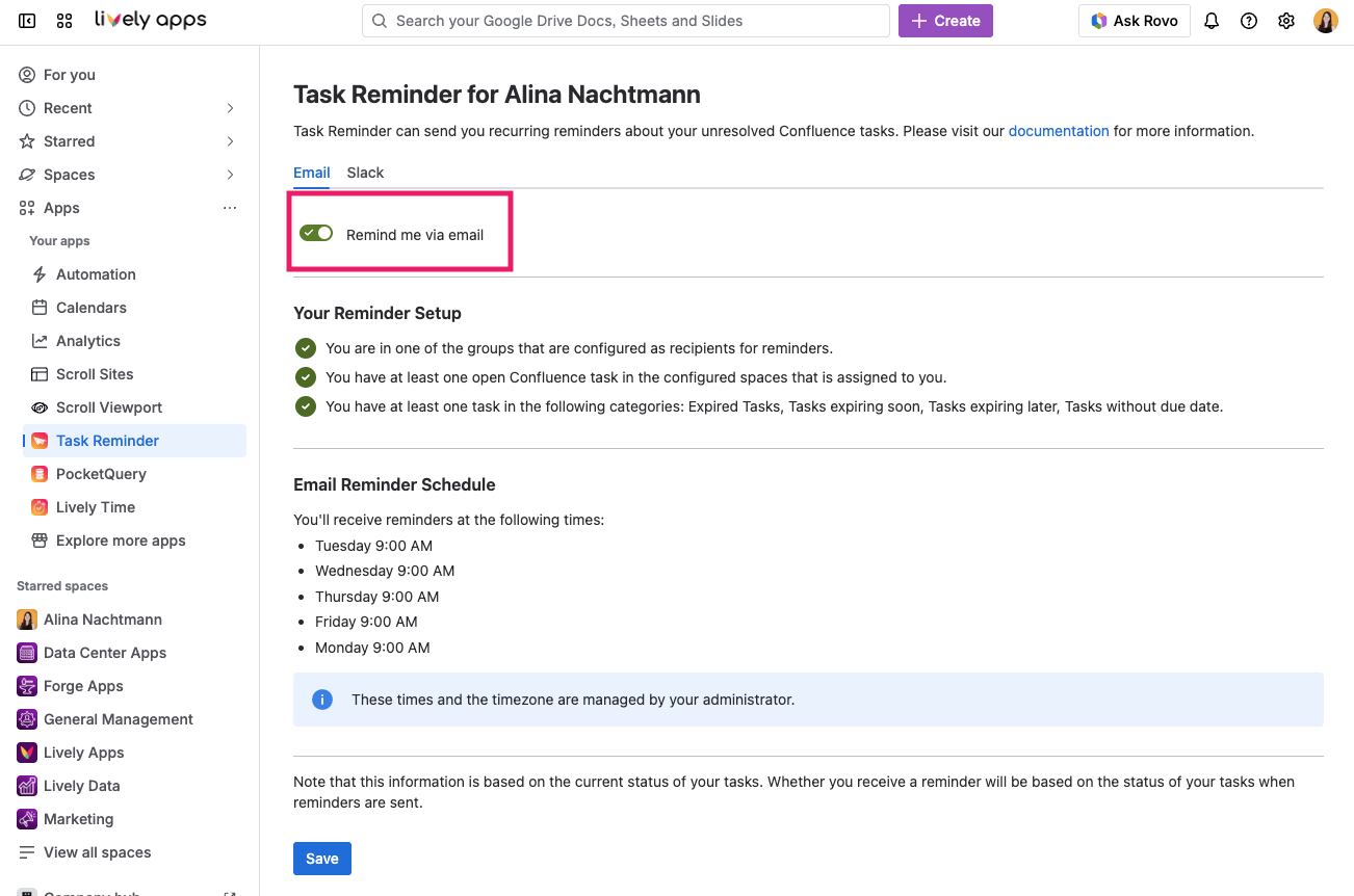 Screen of personal Task Reminder settings