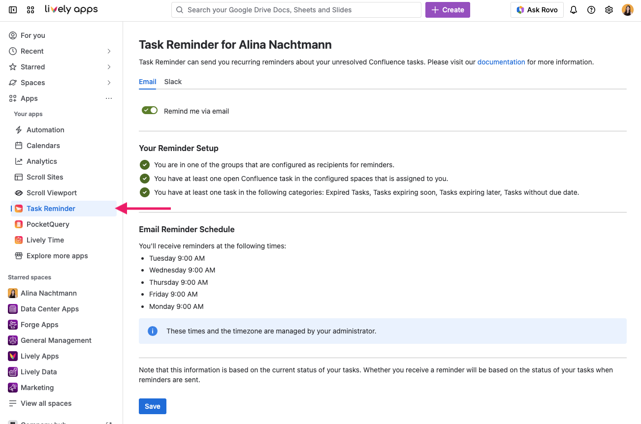 Screen of personal Task Reminder settings