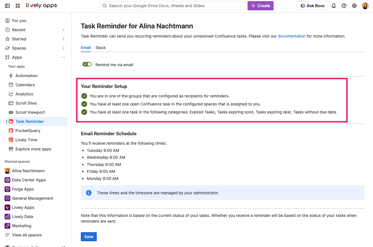 Screen of personal Task Reminder settings