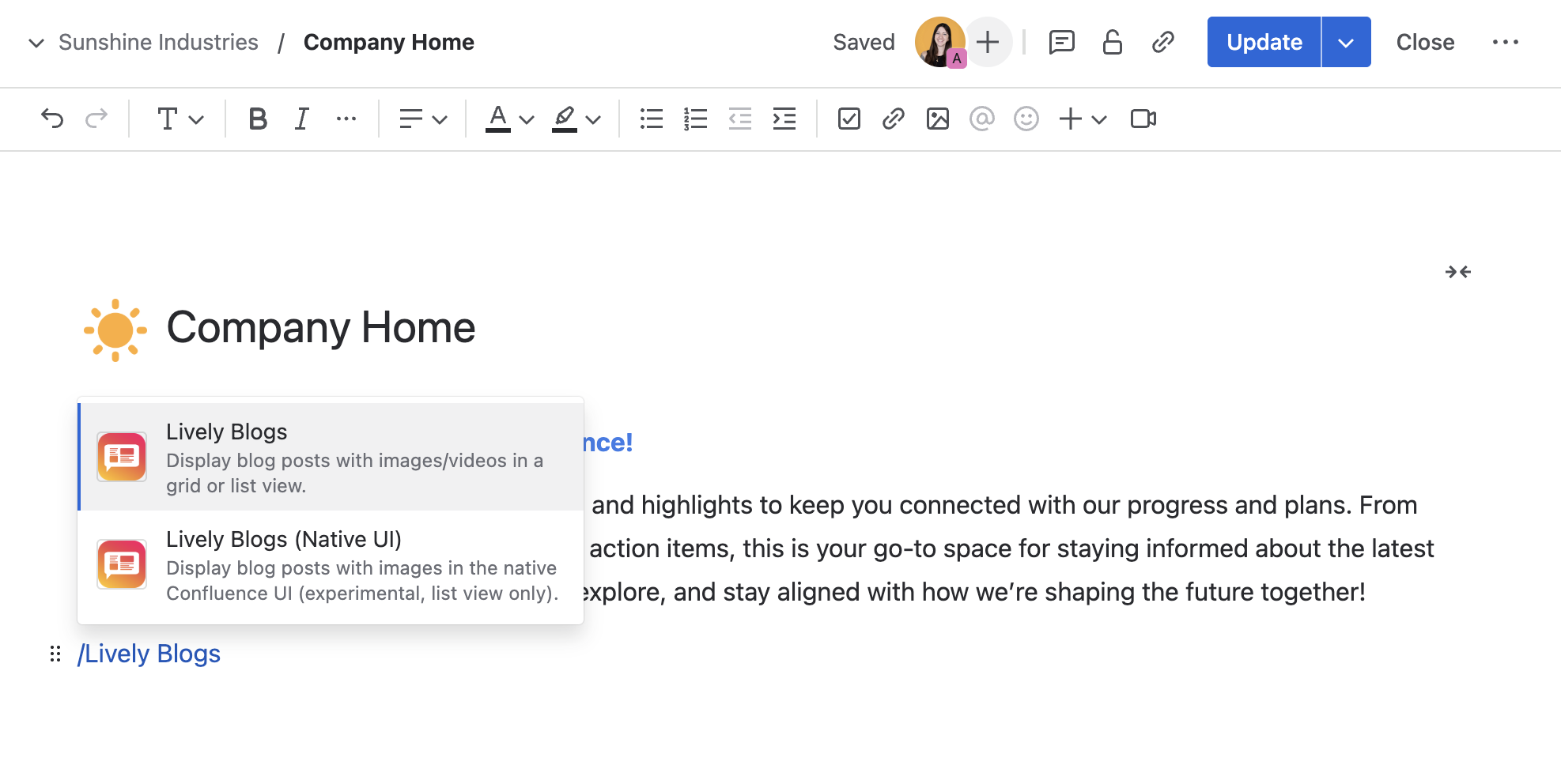 Confluence page with opened macro browser using slash command