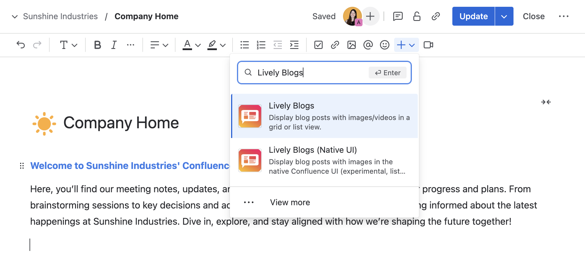 Confluence page with opened macro browser