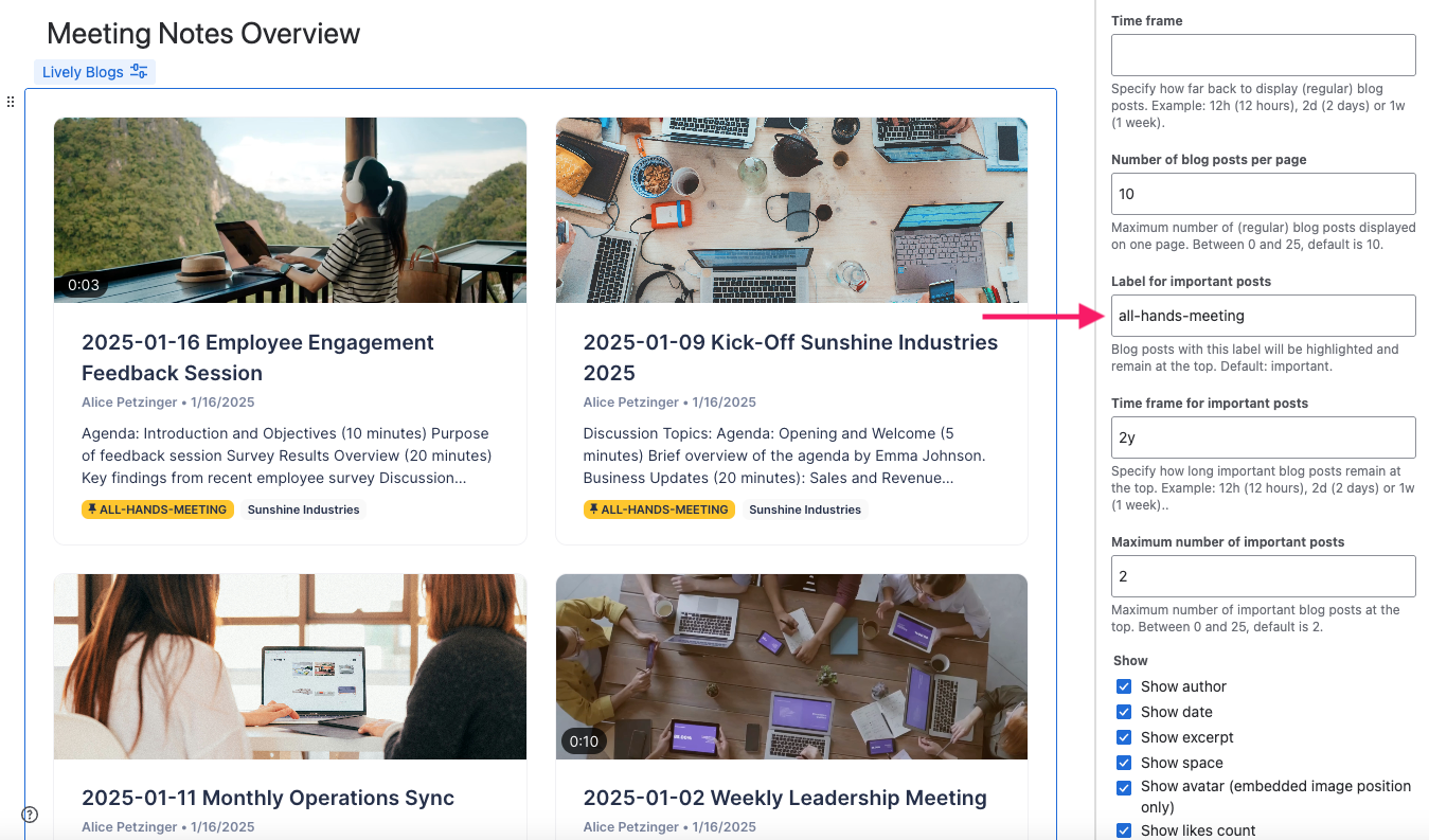 Macro editor with settings for important posts