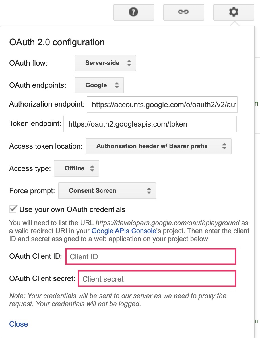 OAuth 2.0 configuration modal