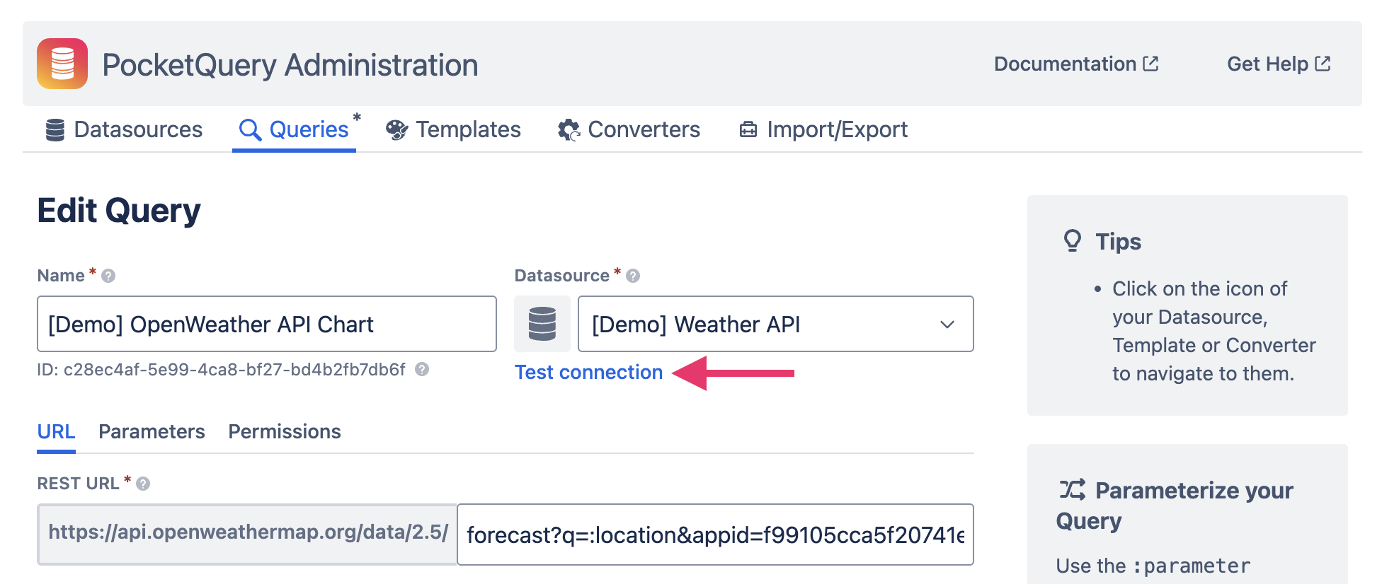 PocketQuery interface with Test Connection link