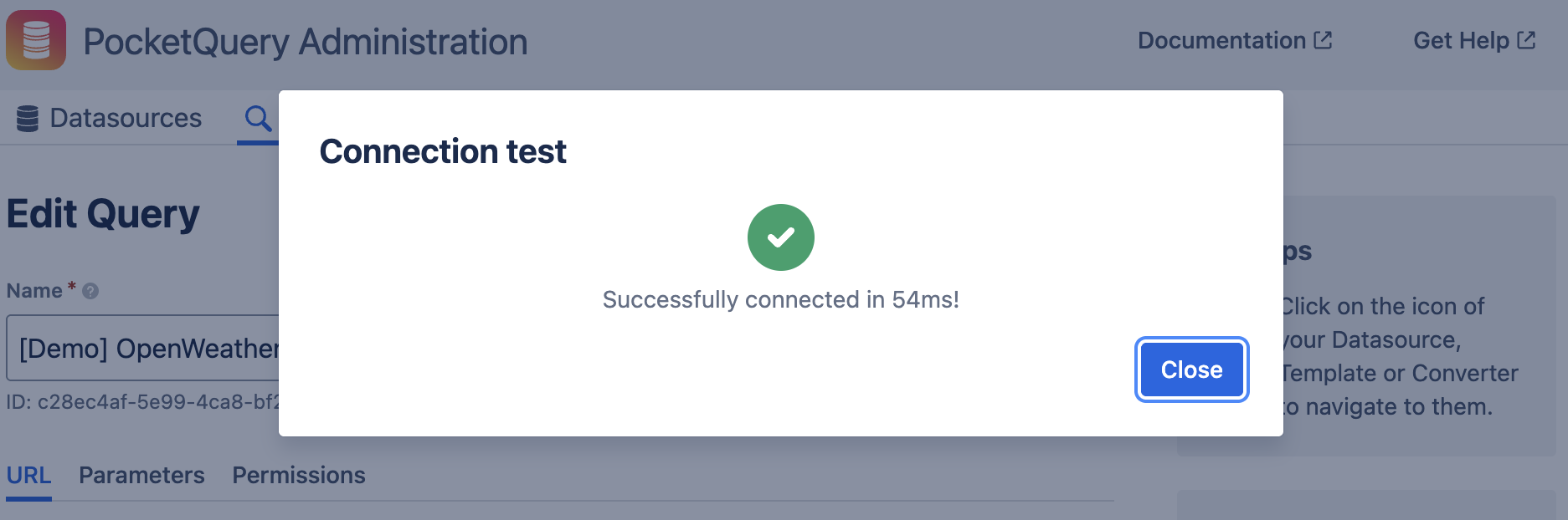 PocketQuery interface with successful Datasource connection test