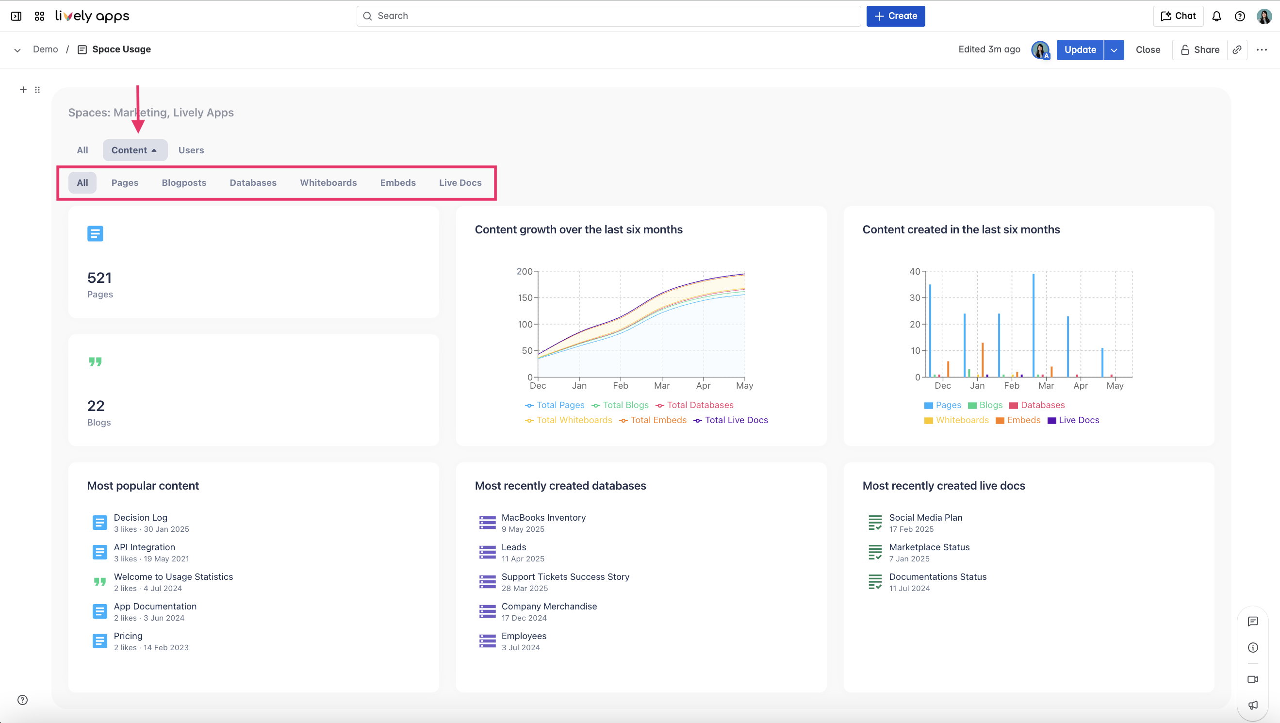 Confluence Usage Statistics dashboard with the new 'Live Docs' content type filter highlighted. The dashboard includes charts for content growth and recent activity, supporting segmentation of Live Docs data