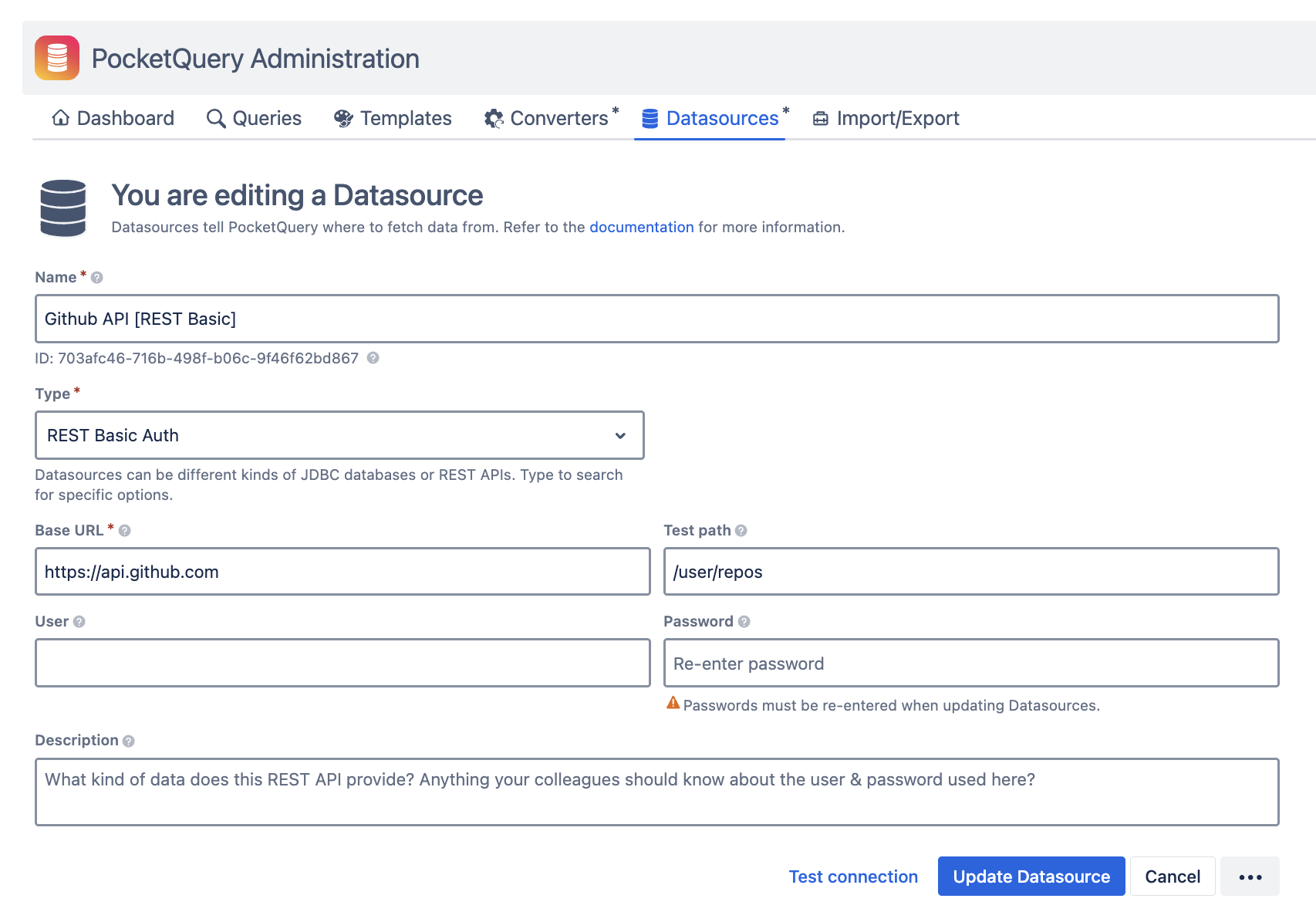 PocketQuery datasource configuration screen for GitHub REST API connection showing fields for base URL and test path.
