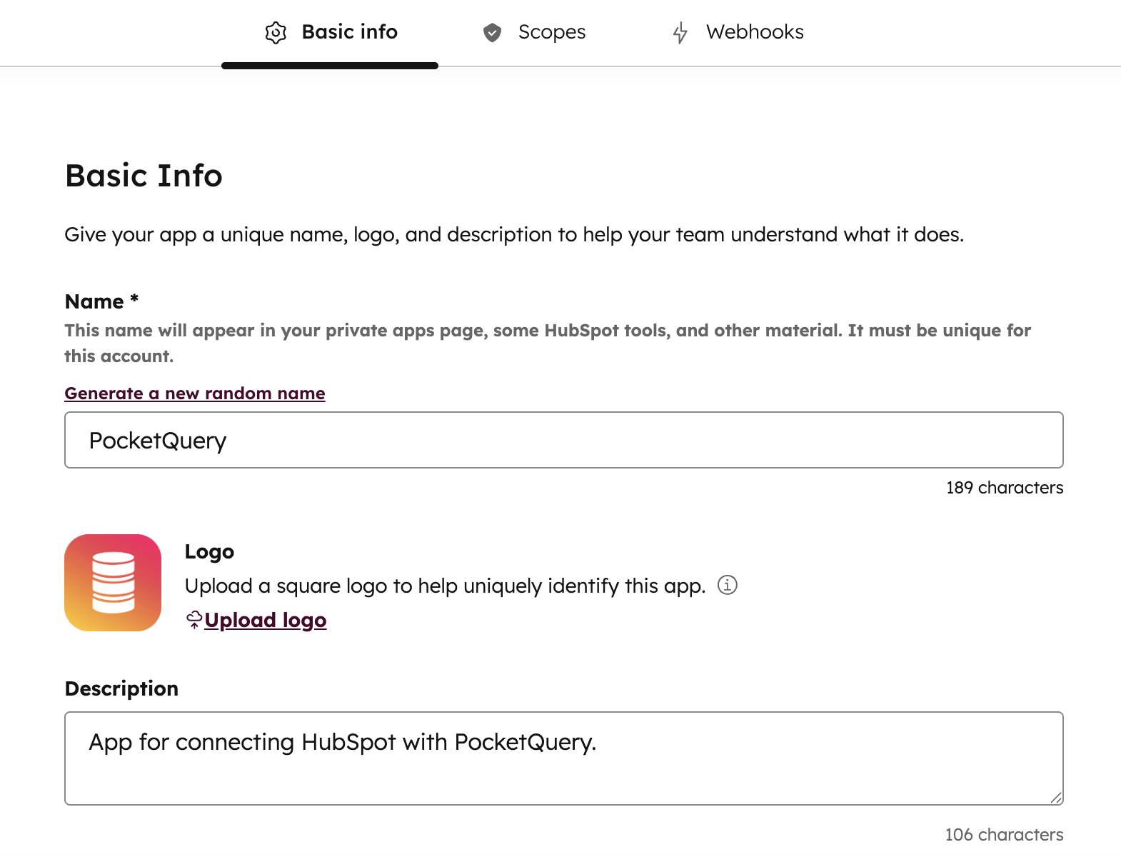 HubSpot Screen for setting up a private app