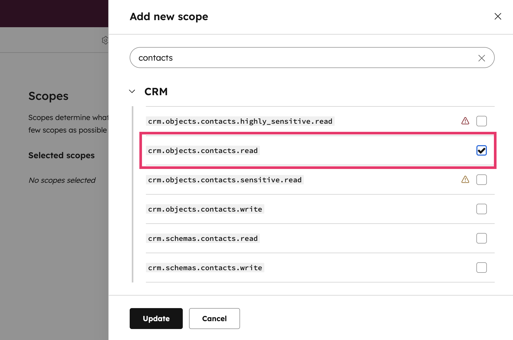 Screenshot of HubSpot settings - adding a new scope