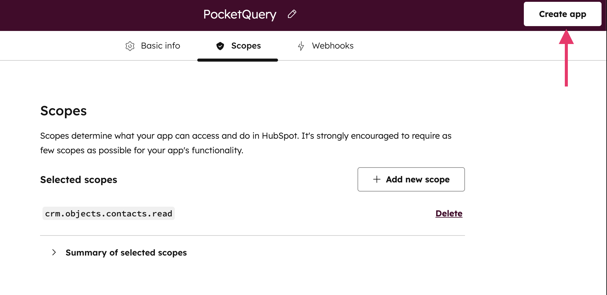 Screenshot of HubSpot Create app button