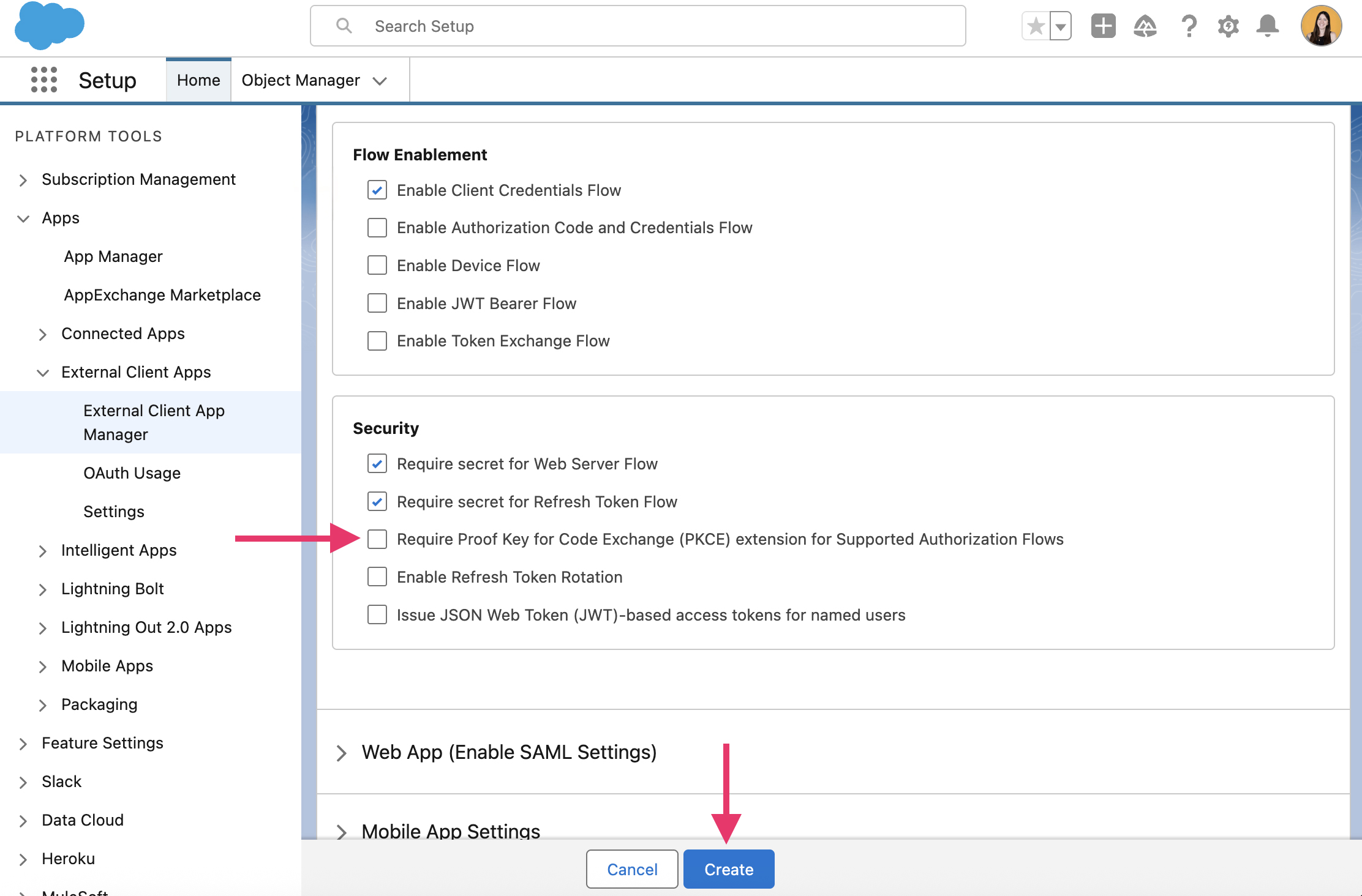 Screen of Salesforce Settings for creating new app