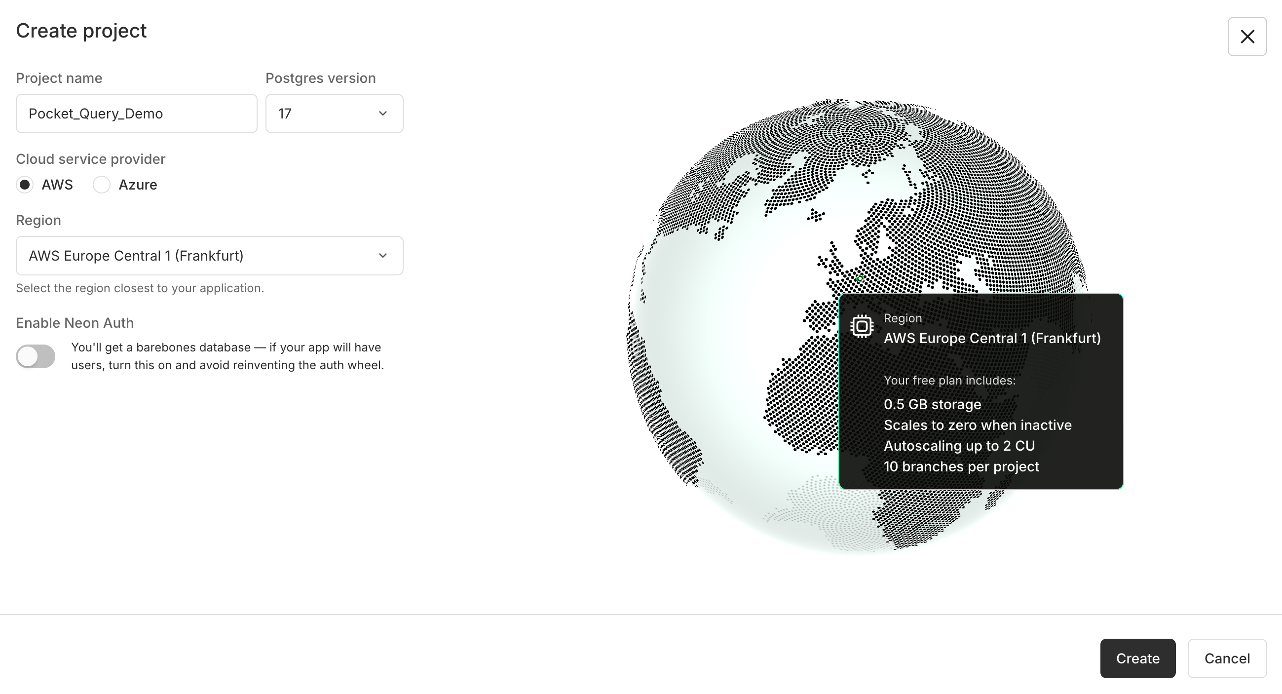Screen of Neon Interface when creating a project