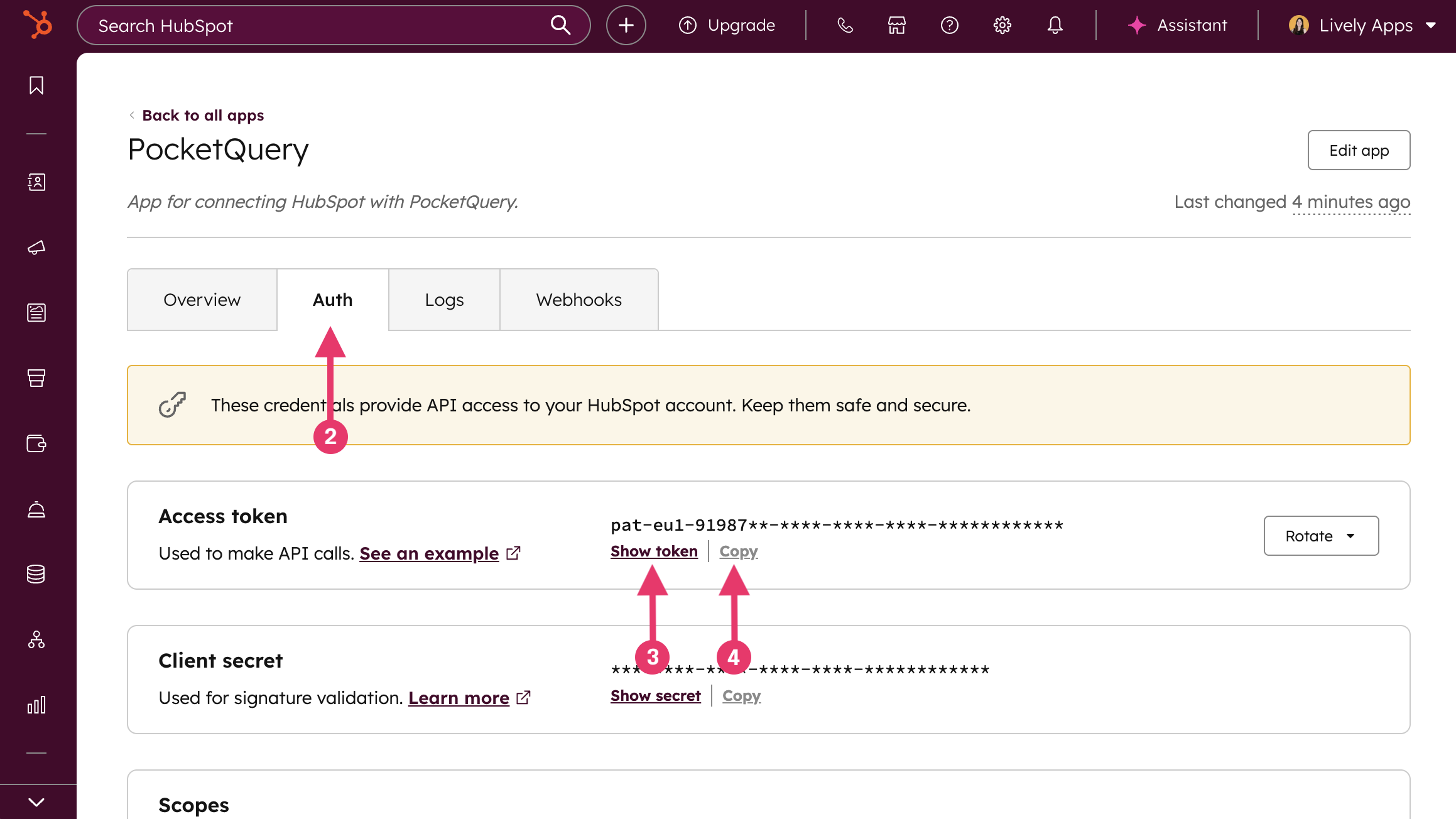 Screenshot of HubSpot app Auth overview