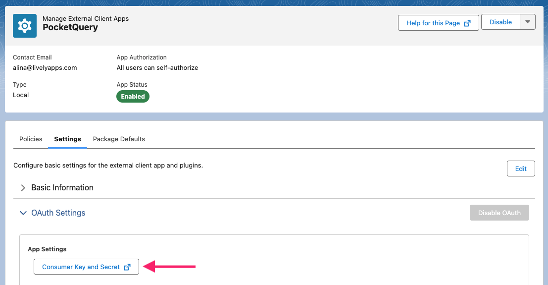 Screen of App settings in Salesforce
