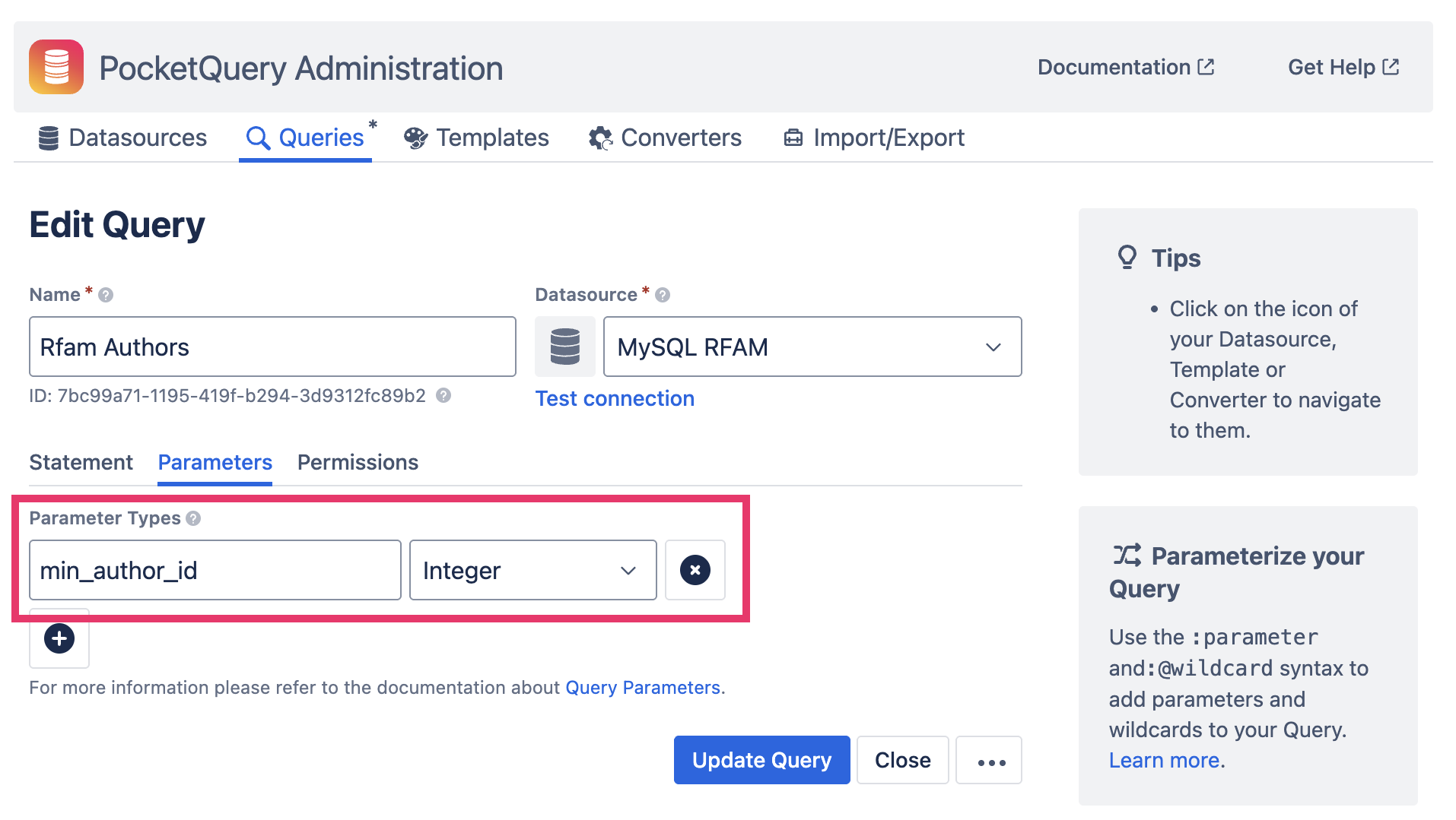 Parameter Types in PocketQuery Interface
