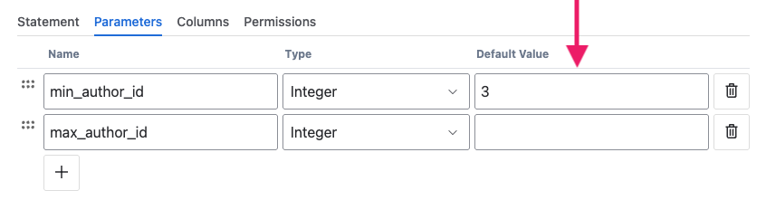 Screenshot of PocketQuery administration and default value parameter fields