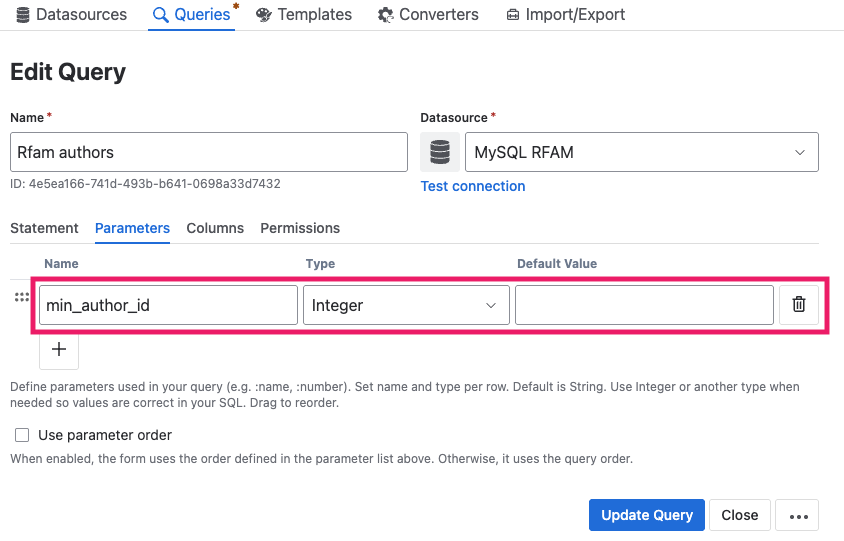 Screenshot of PocketQuery administration with parameter tab