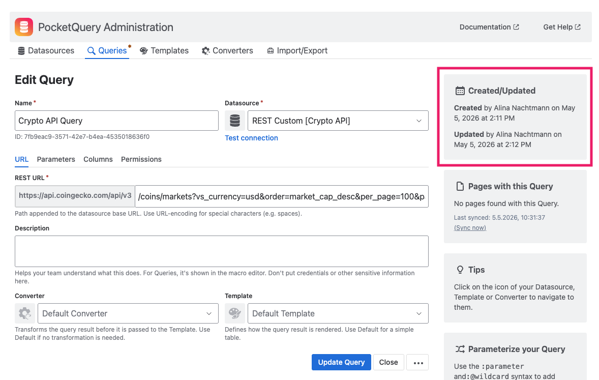 Screenshot of PocketQuery entity displaying metadata