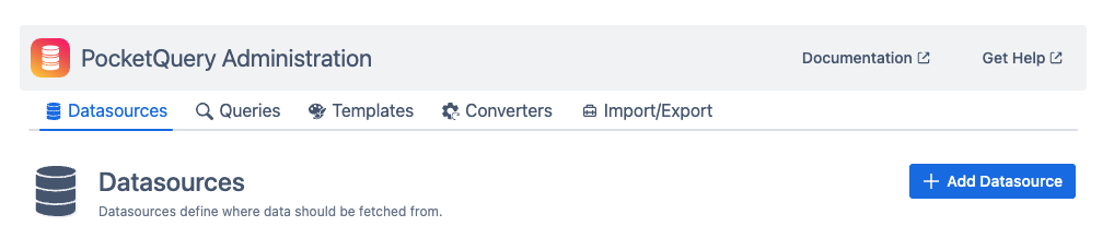 Screenshot of PocketQuery Administration with active Datasources tab