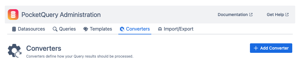 Screenshot of PocketQuery Administration with active Converters tab