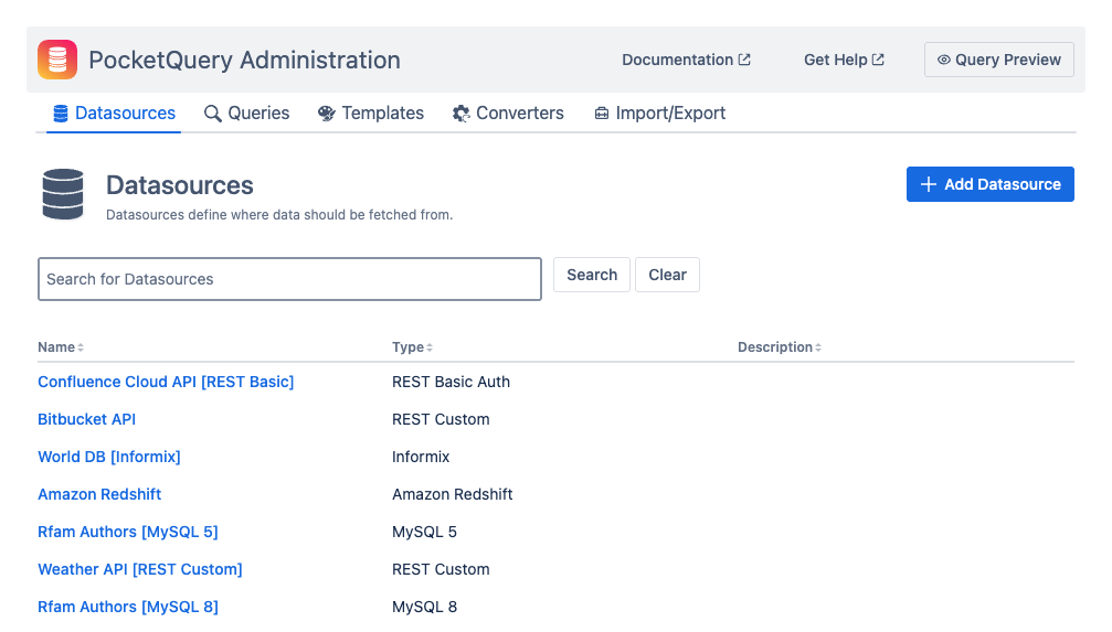 Screen of the PocketQuery Administration