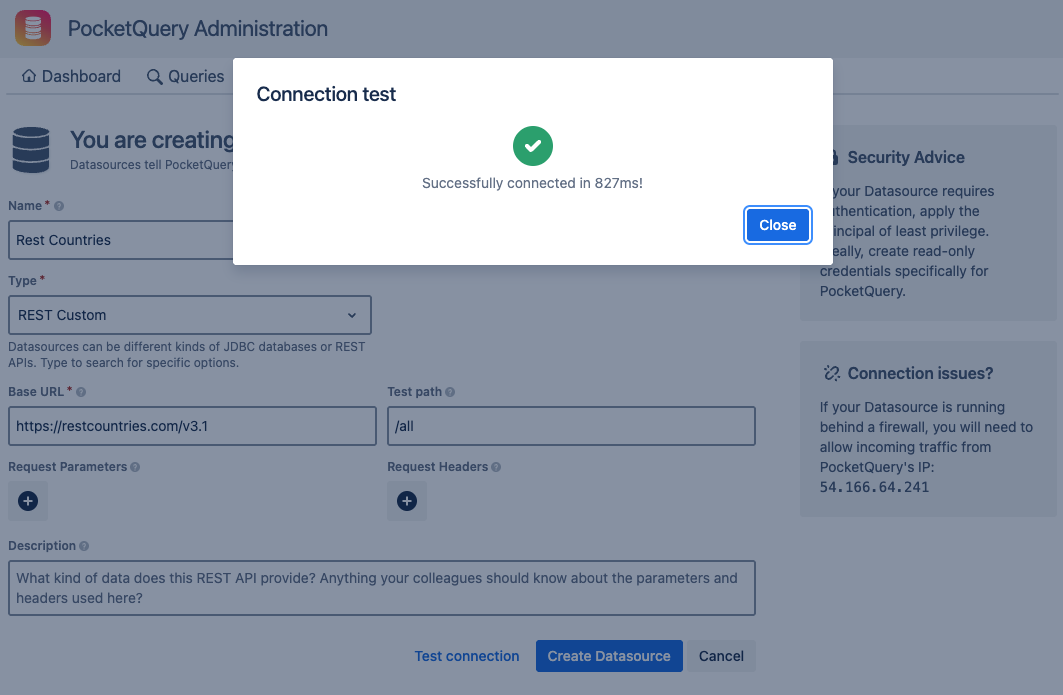 Modal with successful connection test