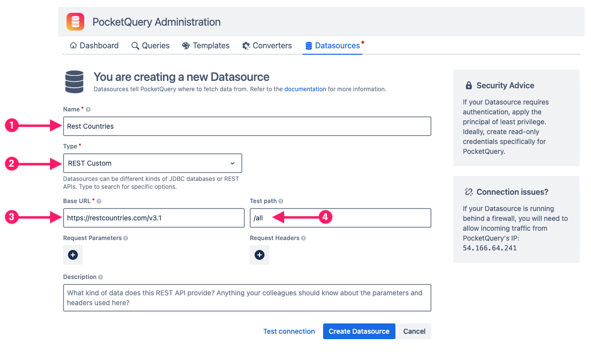 Form to create a new Datasource