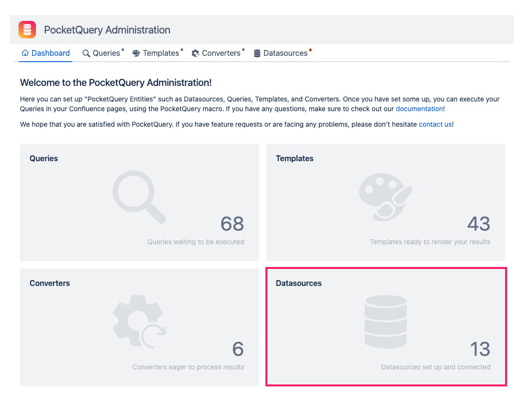 Datasources panel in the PocketQuery administration