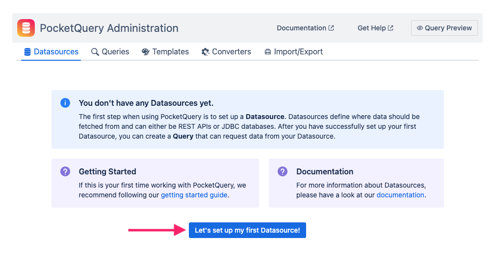 Screenshot of button to set up Datasource