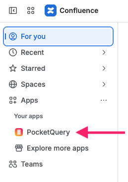Screenshot showing the Confluence sidebar with PocketQuery