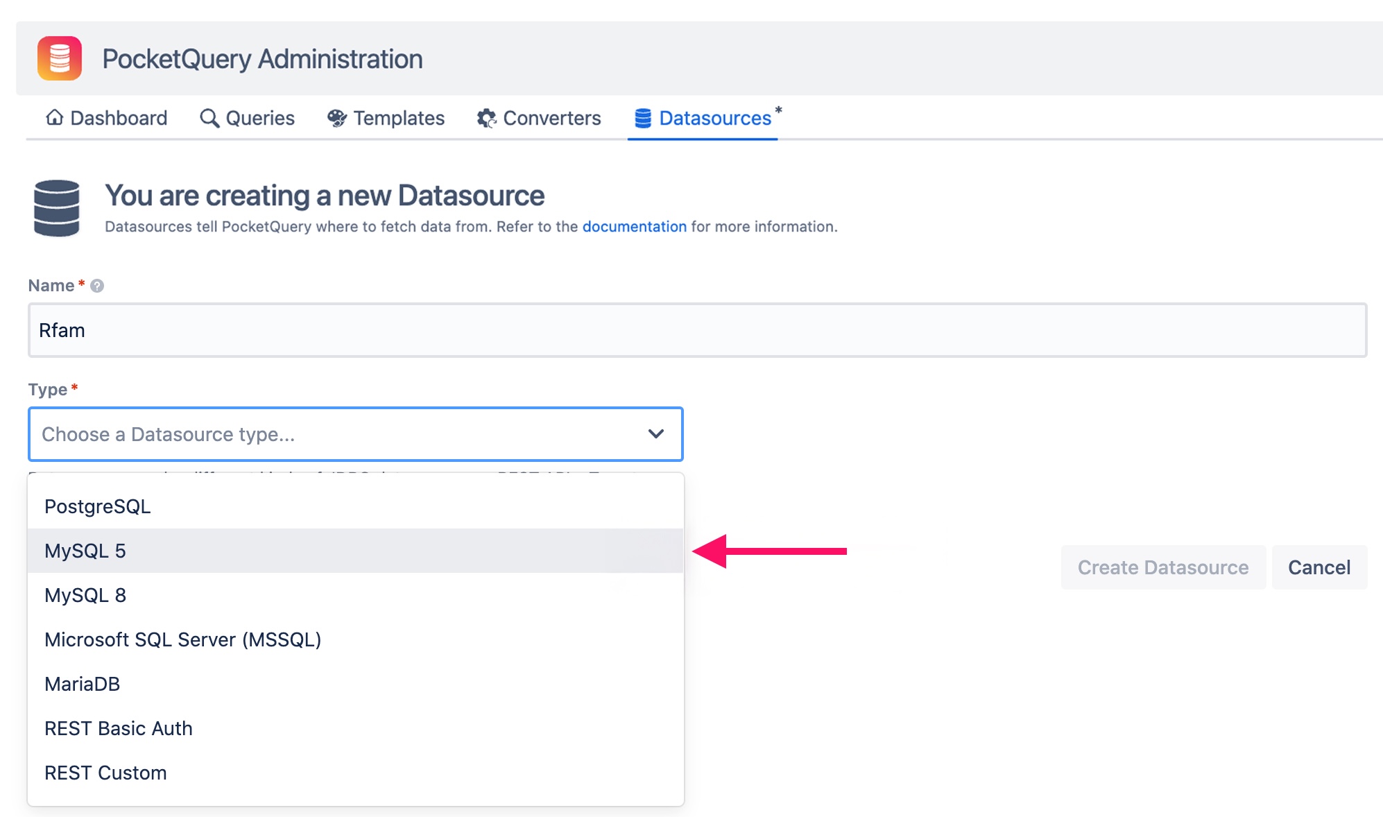 Dropdown with Datasource types