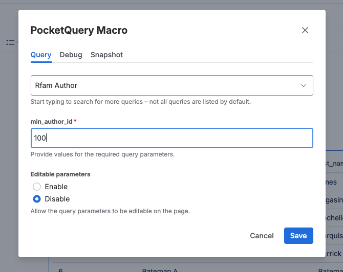 Screen of PocketQuery macro settings with min_author_id set to 100